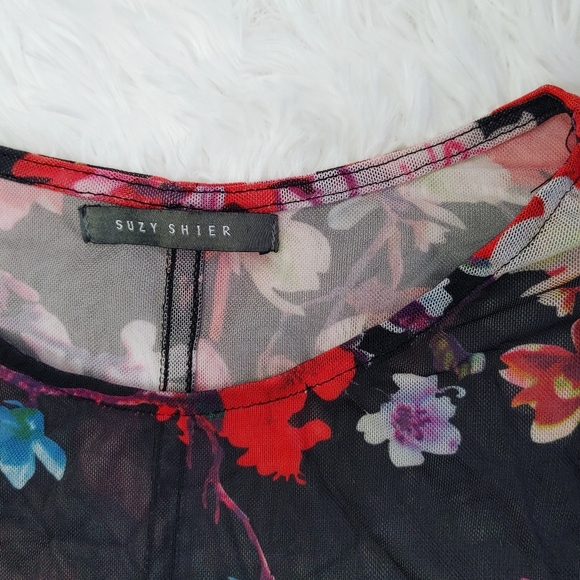 Suzy Shier || Mesh Long Sleeve Shirt, Size Large, Black Floral Pattern - Picture 2 of 7